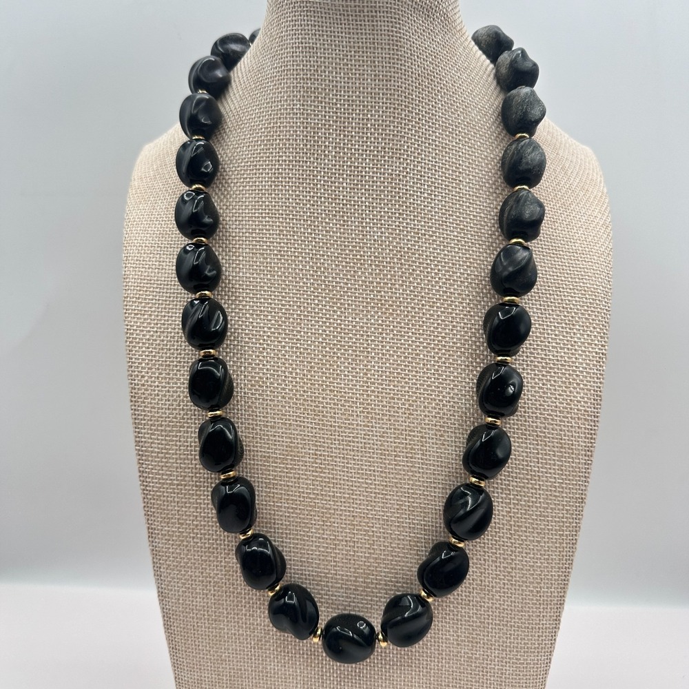 Vintage 80s Black Nugget Beaded Necklace Gold Tone Chunky Statement Jewelry